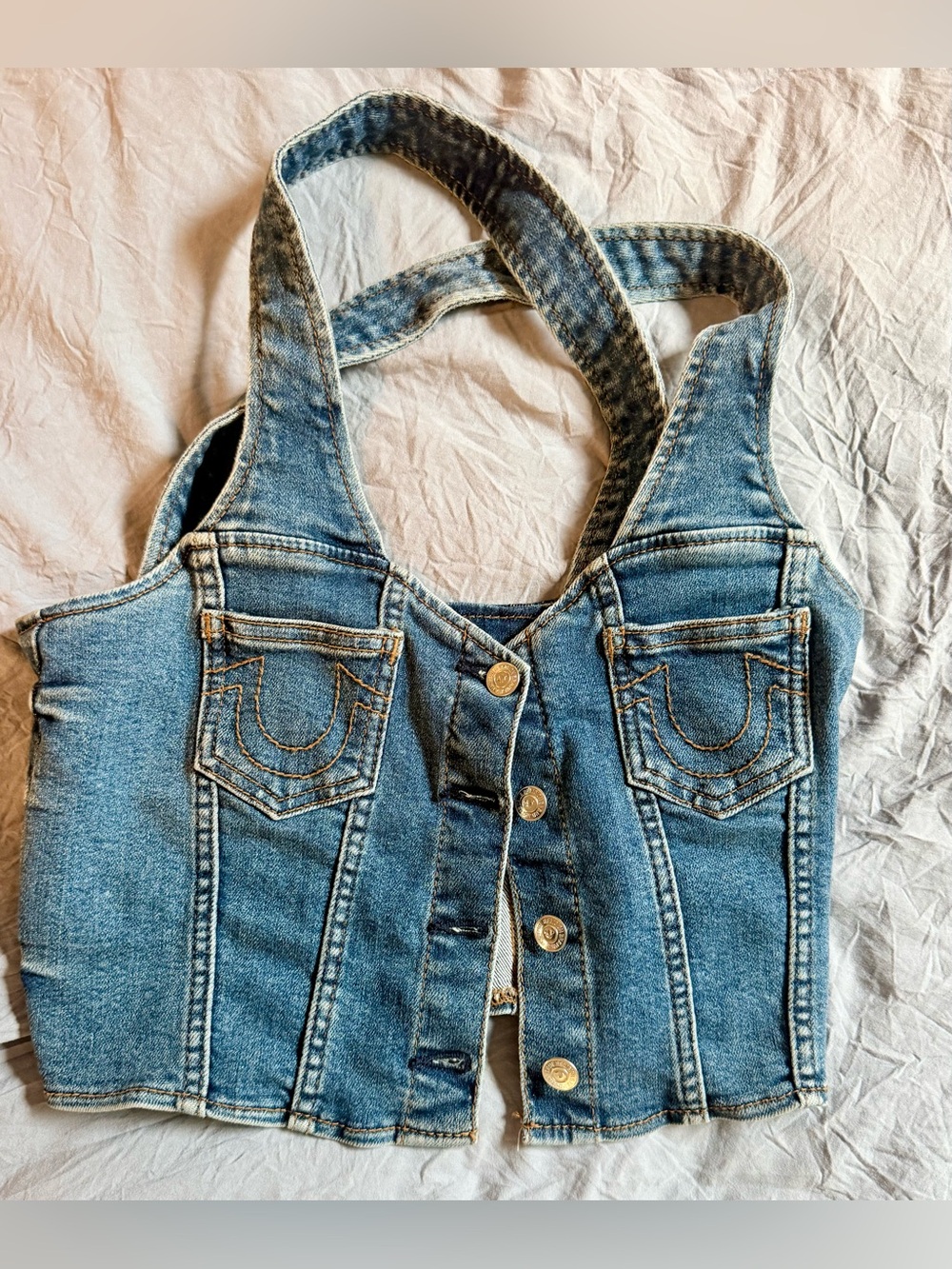 True Religion Blue Denim Cropped Vest